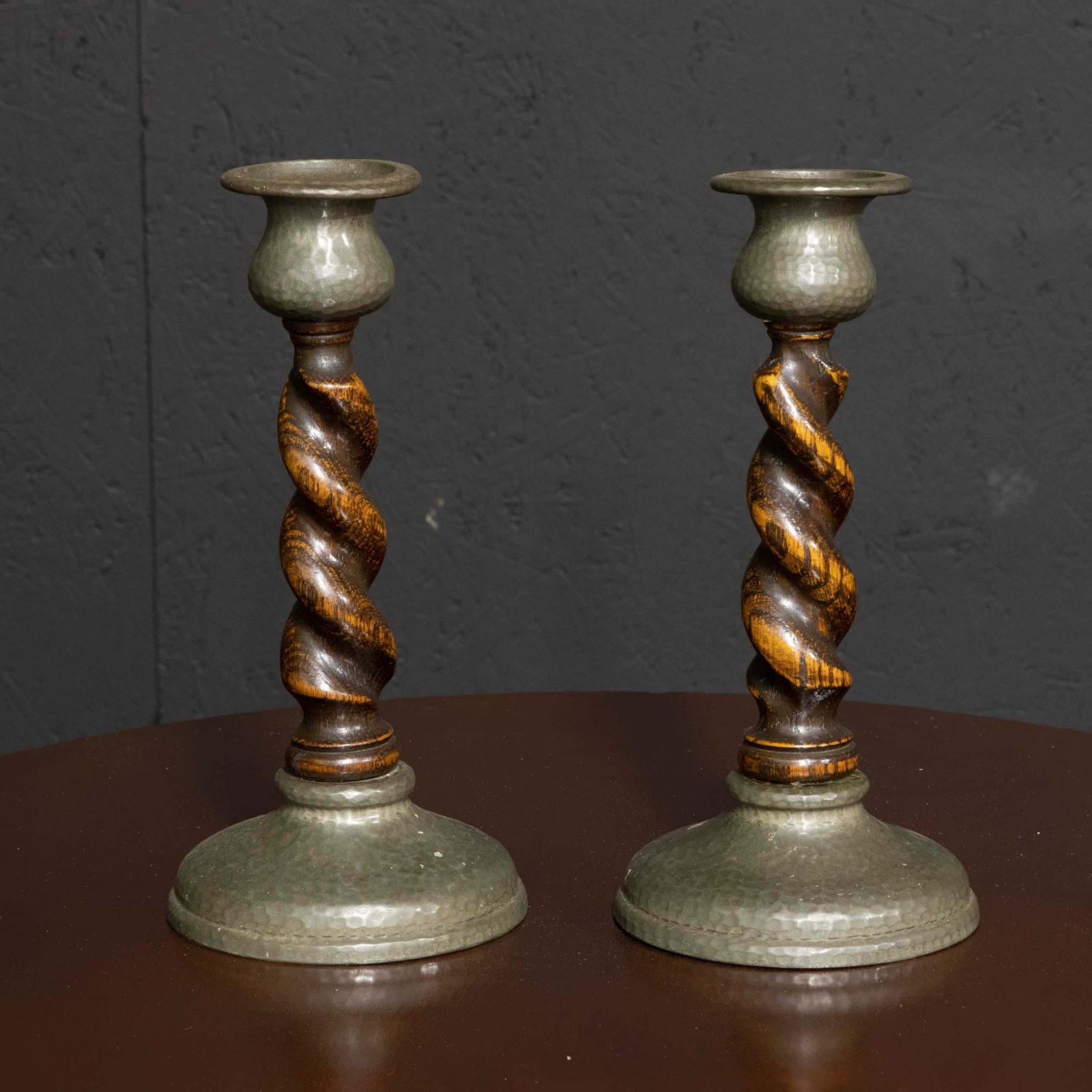 Pair of Liberty Style Arts and Crafts Oak Candlesticks