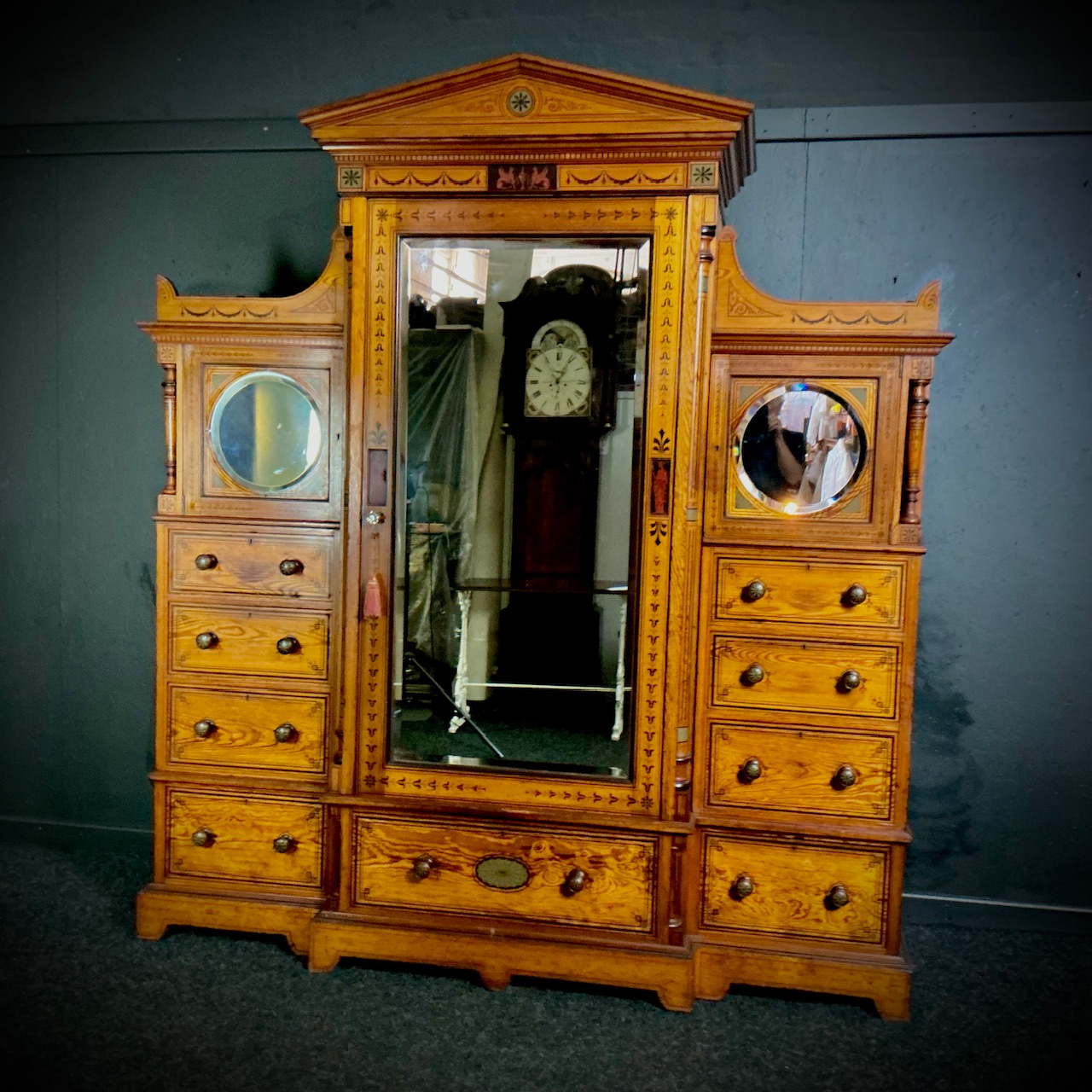Victorian Pitch Pine Decorated Wardrobe