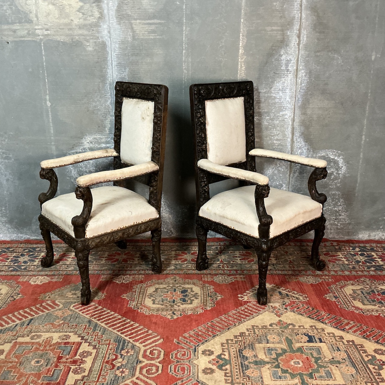 Pair of Heavily Carved Baroque Style Hall Chairs
